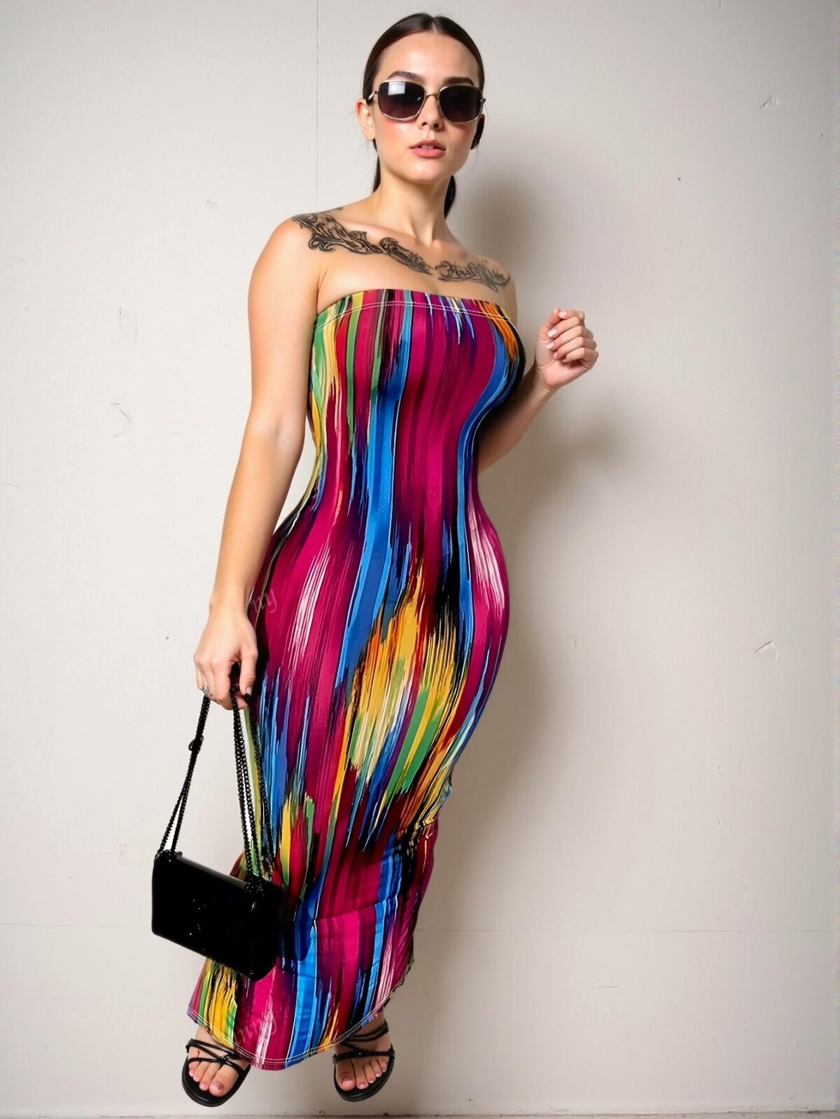 Elegant Hot Pink Chic Striped Print Slit Bodycon Tube Dress for a Classy and Trendy Fashion Style to Dress to Impress