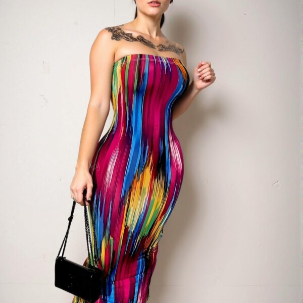 Elegant Hot Pink Chic Striped Print Slit Bodycon Tube Dress for a Classy and Trendy Fashion Style to Dress to Impress