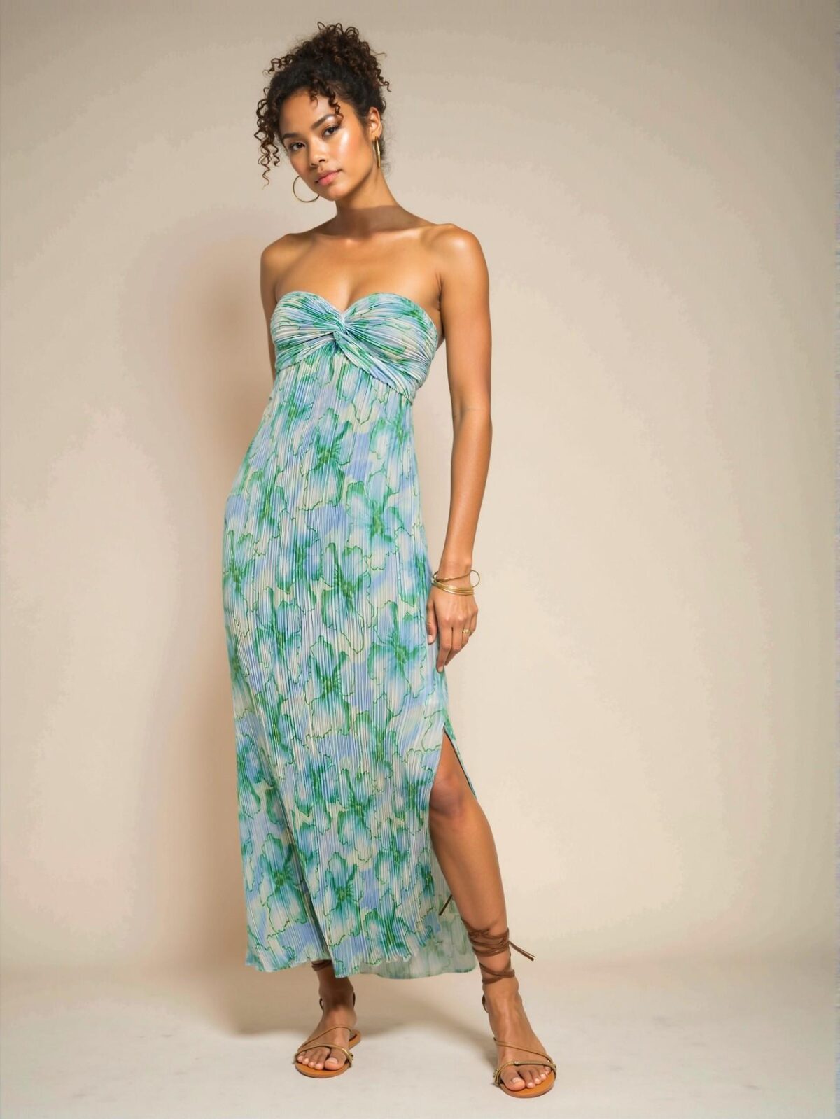 Elegant Green Boho Floral Allover Print Tie-Knot Backless Maxi Dress with Side Slit "Chic, Classy and Trendy Fashion Style to Dress to Impress"