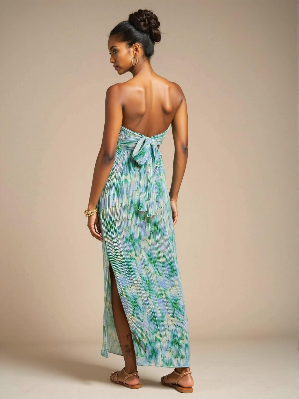 Elegant Green Boho Floral Allover Print Tie-Knot Backless Maxi Dress with Side Slit "Chic, Classy and Trendy Fashion Style to Dress to Impress" - Image 2