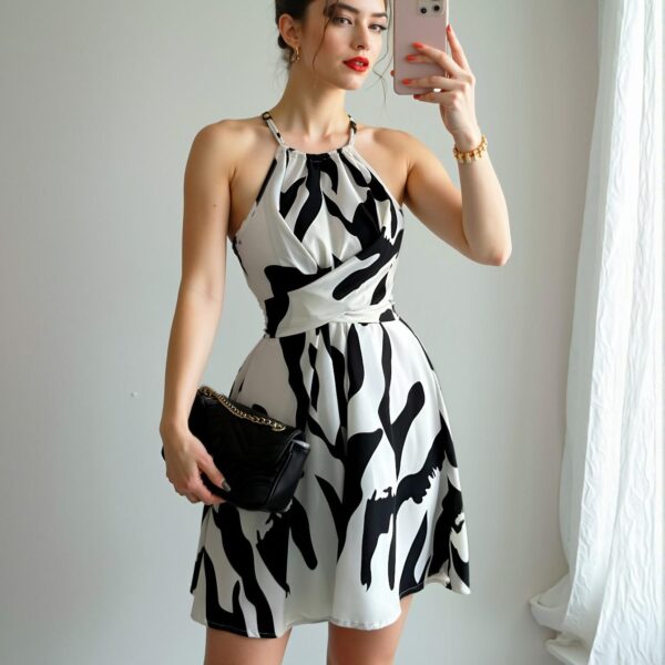 Elegant White Colorblock Sleeveless Halter Neck Dress with Ruffle Hem - Chic, Classy and Trendy Fashion Style to Dress to Impress