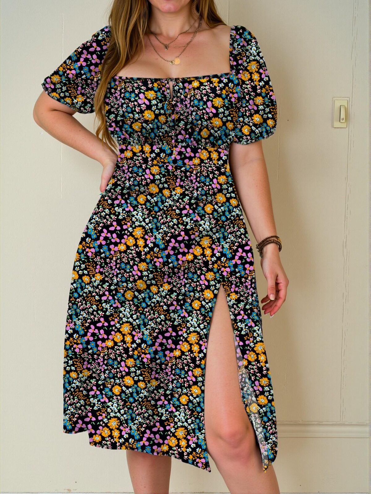 Elegant Multicolor Floral Tie Waist Slit Maxi Dress with Square Neckline for Vacation Style - Chic, Classy and Trendy Fashion Style to Dress to Impress