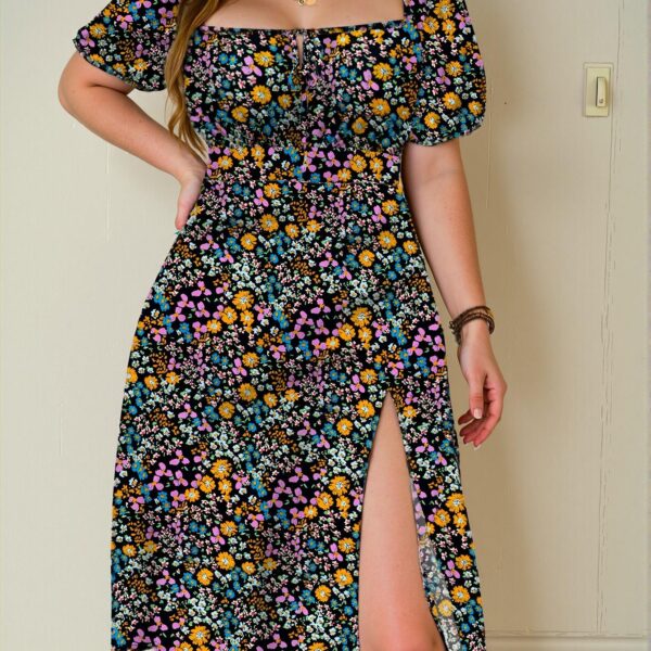 Elegant Multicolor Floral Tie Waist Slit Maxi Dress with Square Neckline for Vacation Style - Chic, Classy and Trendy Fashion Style to Dress to Impress