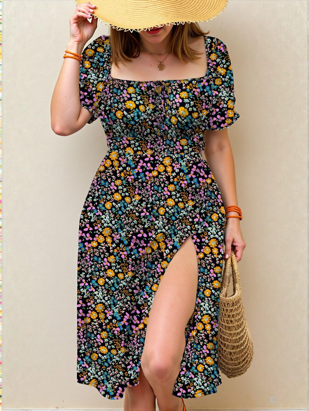 Elegant Multicolor Floral Tie Waist Slit Maxi Dress with Square Neckline for Vacation Style - Chic, Classy and Trendy Fashion Style to Dress to Impress - Image 3