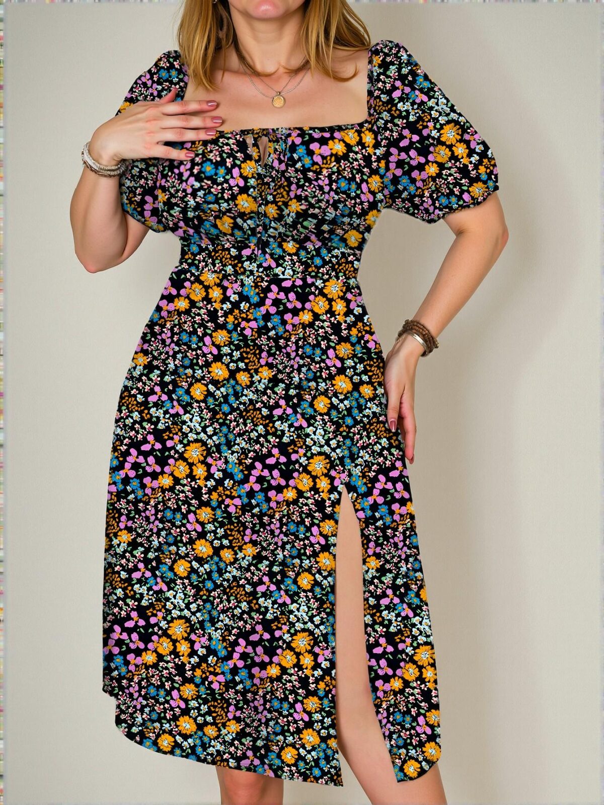 Elegant Multicolor Floral Tie Waist Slit Maxi Dress with Square Neckline for Vacation Style - Chic, Classy and Trendy Fashion Style to Dress to Impress - Image 5