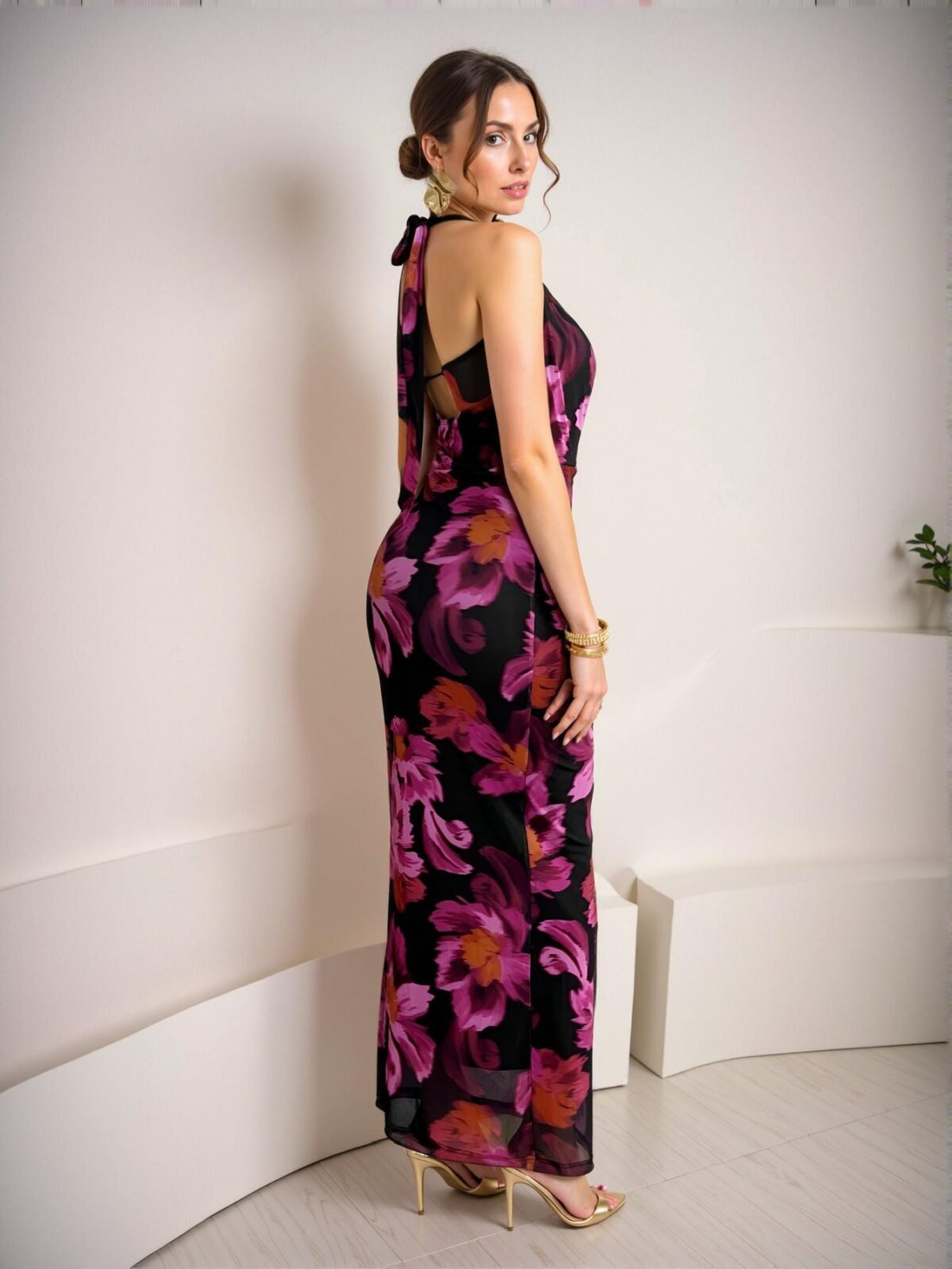 Elegant Multicolor Chic Halter Cowl Collar Mesh Printed Mermaid Maxi Dress for Tea Parties and Summer Events - Chic, Classy and Trendy Fashion Style to Dress to Impress - Image 2