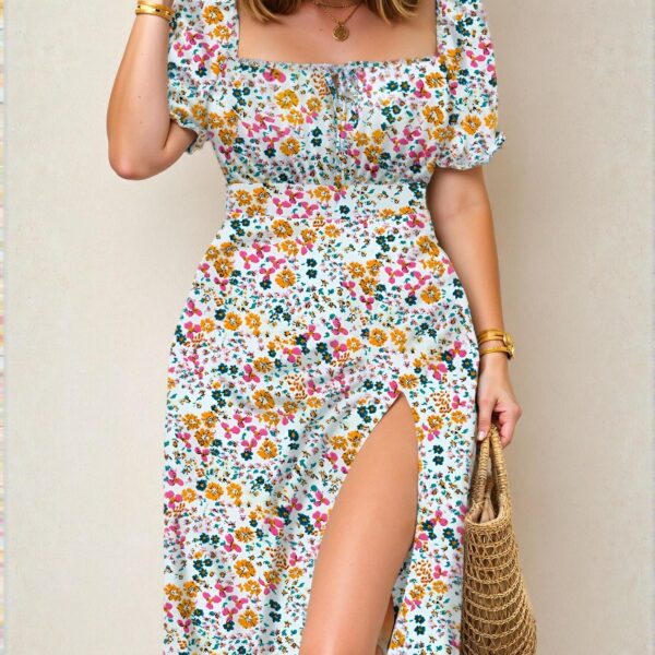 Elegant Multicolor Boho Ditsy Floral Tie Waist Slit High Waist Midi Dress Chic, Classy and Trendy Fashion Style to Dress to Impress