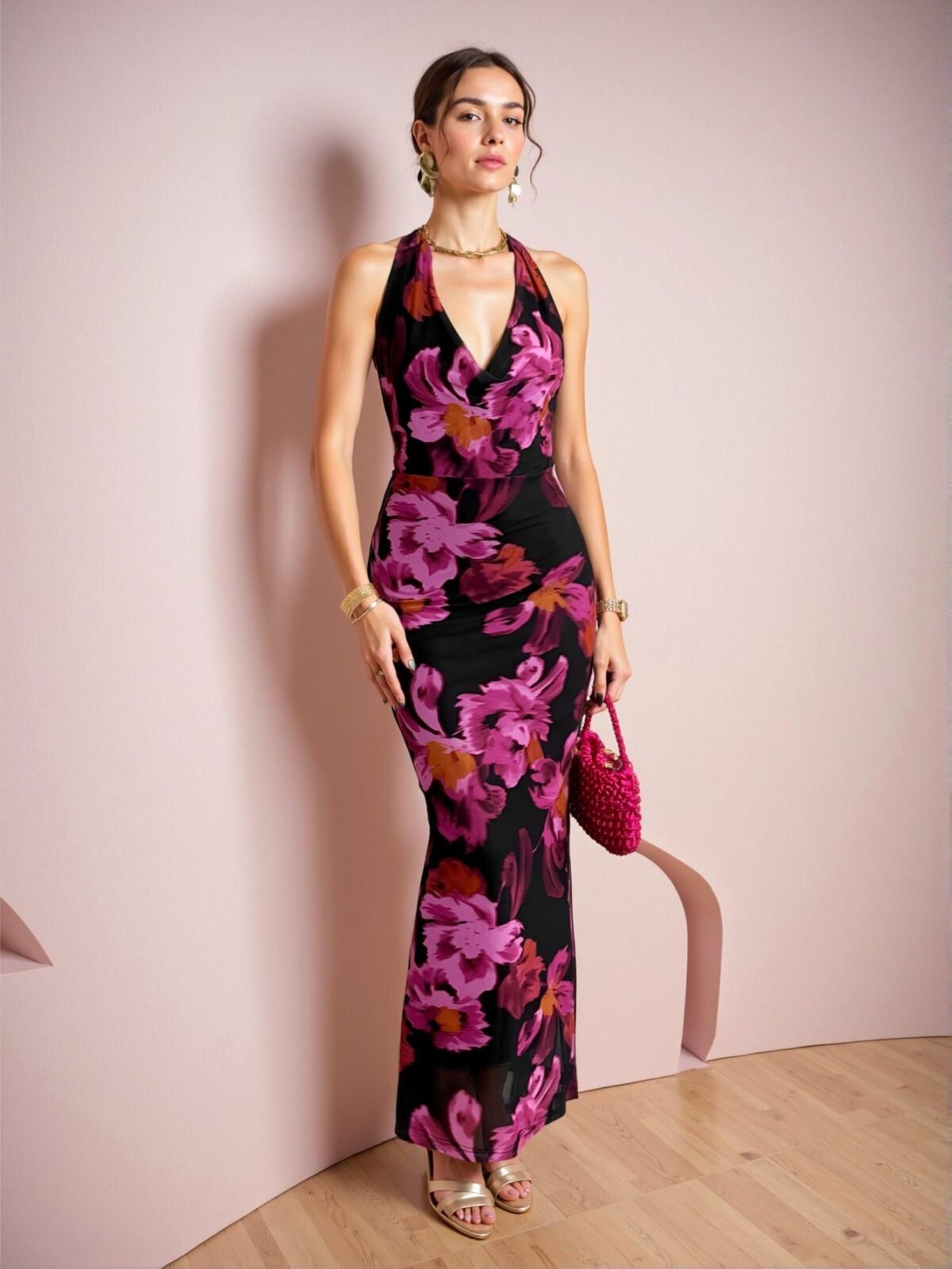 Elegant Multicolor Chic Halter Cowl Collar Mesh Printed Mermaid Maxi Dress for Tea Parties and Summer Events - Chic, Classy and Trendy Fashion Style to Dress to Impress - Image 3