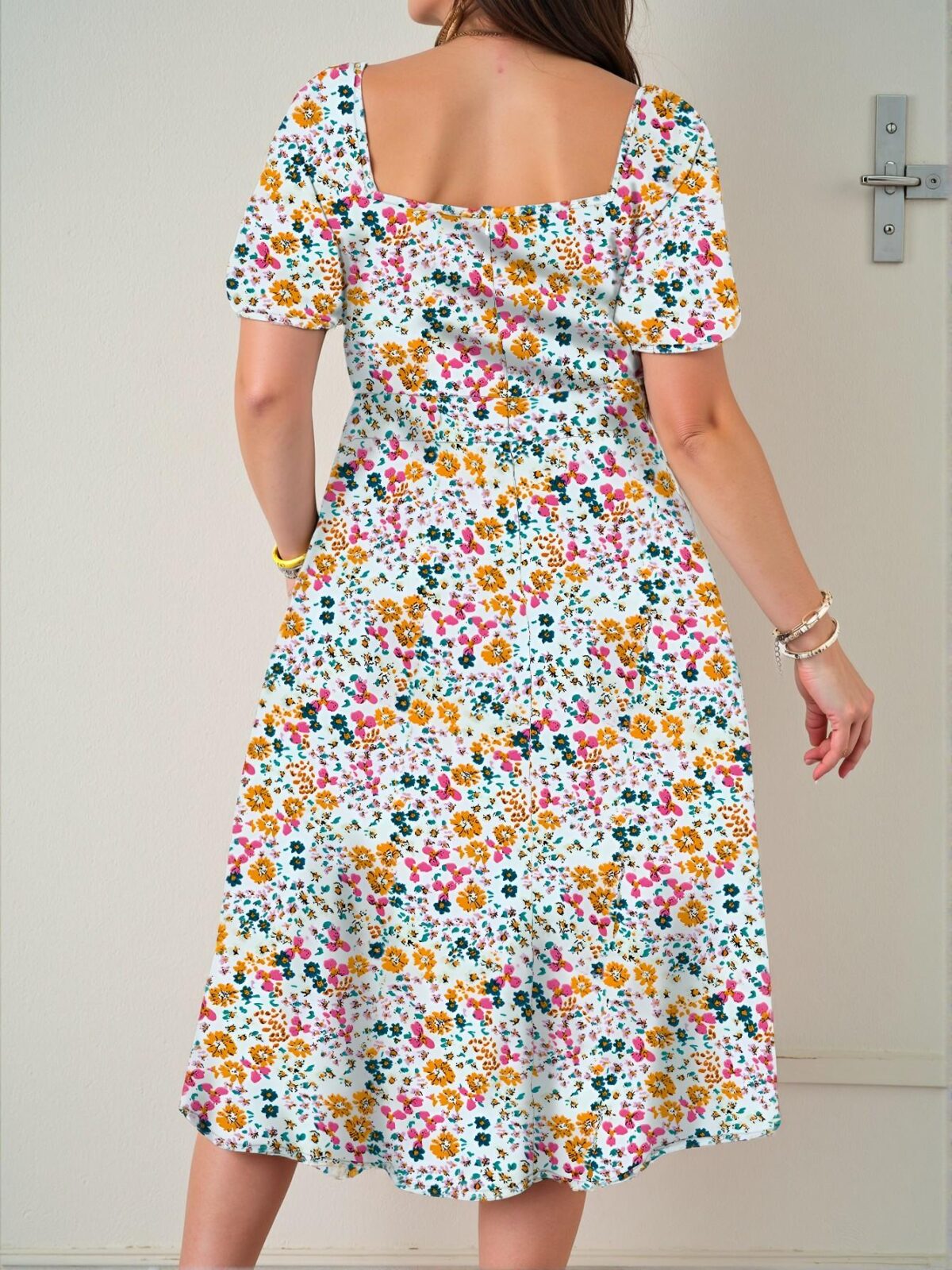 Elegant Multicolor Boho Ditsy Floral Tie Waist Slit High Waist Midi Dress Chic, Classy and Trendy Fashion Style to Dress to Impress - Image 2