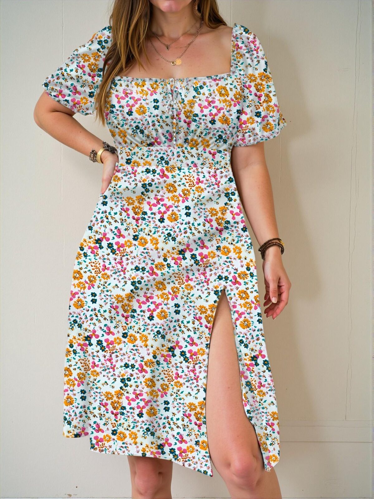 Elegant Multicolor Boho Ditsy Floral Tie Waist Slit High Waist Midi Dress Chic, Classy and Trendy Fashion Style to Dress to Impress - Image 3
