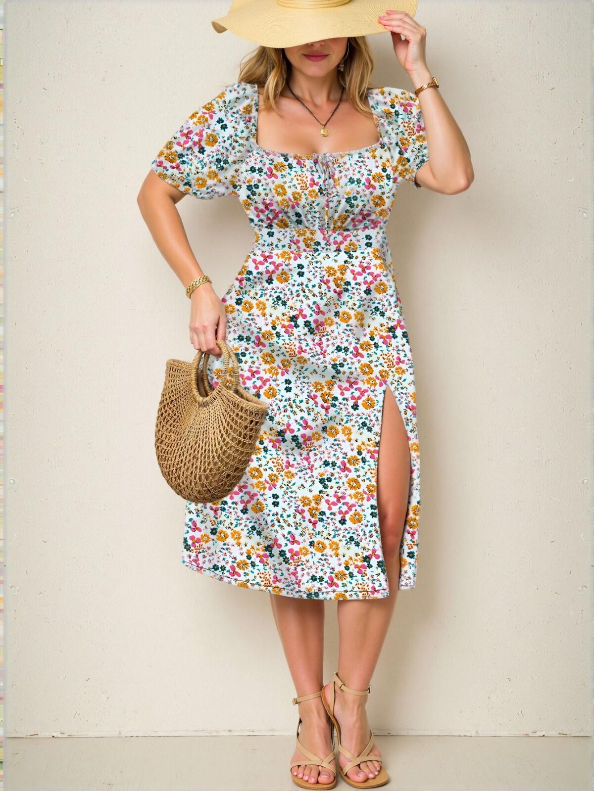 Elegant Multicolor Boho Ditsy Floral Tie Waist Slit High Waist Midi Dress Chic, Classy and Trendy Fashion Style to Dress to Impress - Image 4