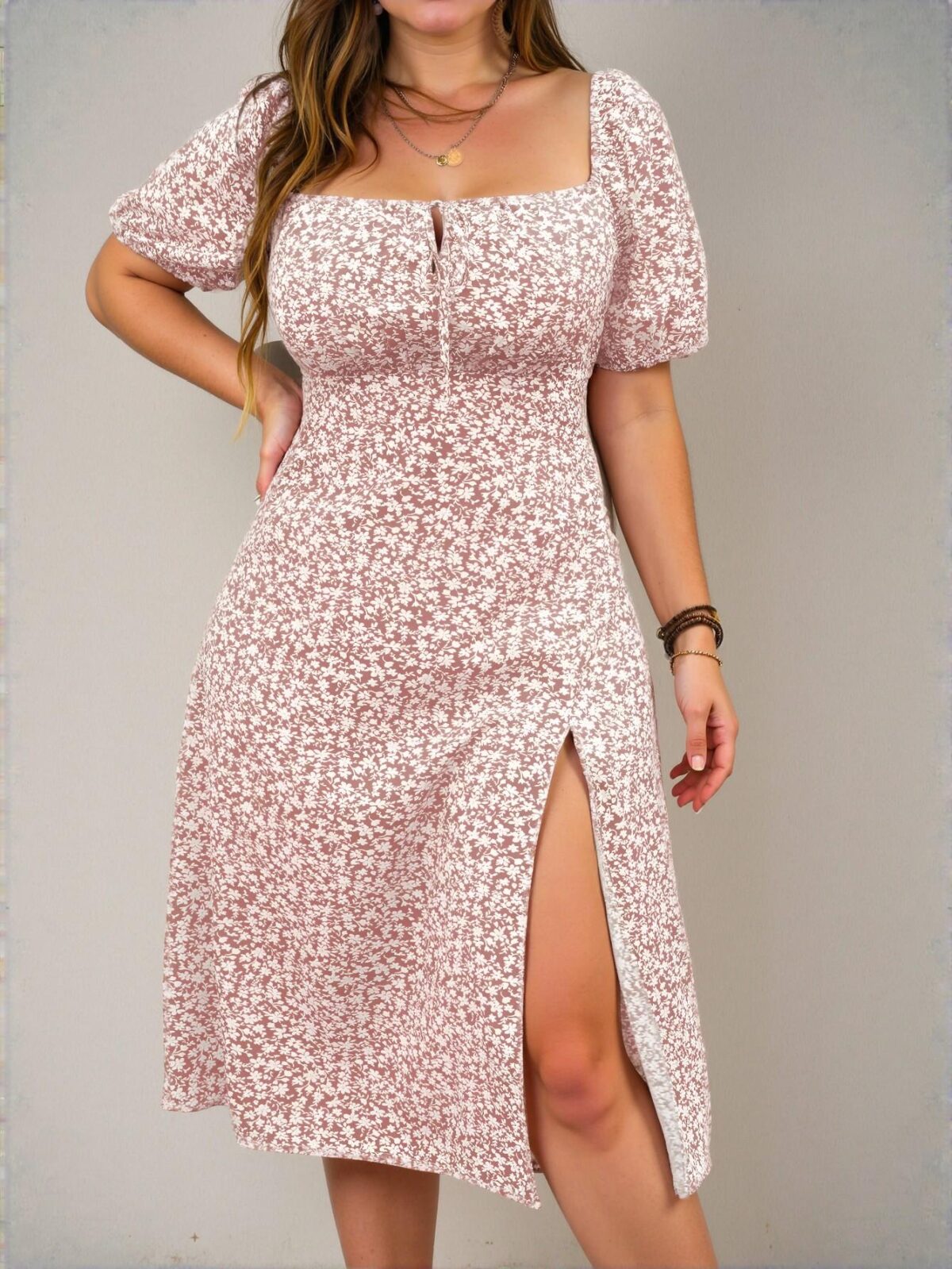 "Elegant Multicolor Bohemian Floral Midi Dress with High Slit for Summer Style - Chic, Classy and Trendy Fashion to Dress to Impress" - Image 3