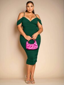 Elegant Dark Green Cold Shoulder Ruched Midi Bodycon Dress for Birthdays – Chic, Classy and Trendy Fashion Style to Dress to Impress