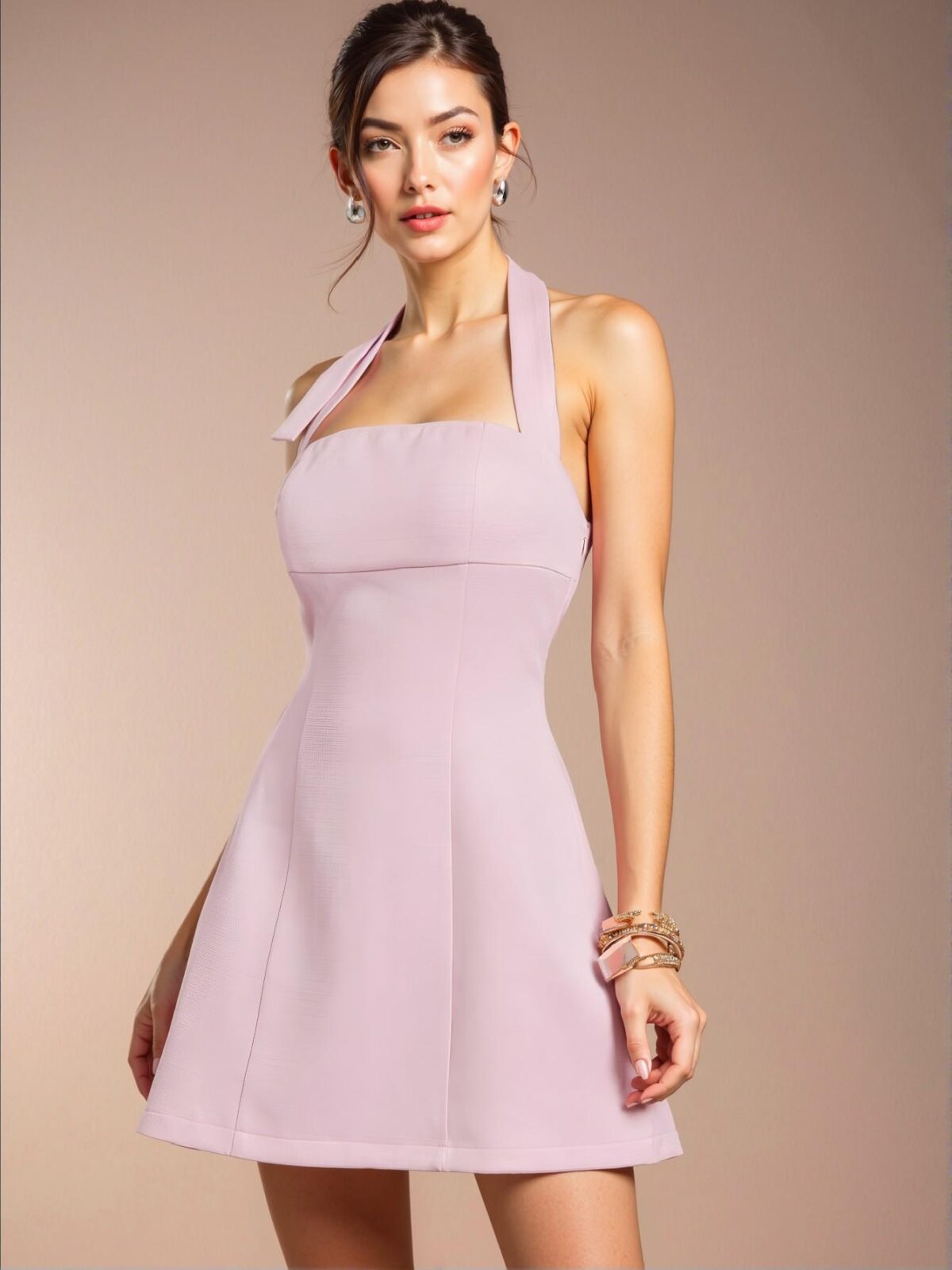 Elegant Pink Halter Fit and Flare Summer Mini Dress for Women - Perfect Business Casual Office Outfit and Stylish Work Attire - Chic, Classy and Trendy Fashion Style to Dress to Impress