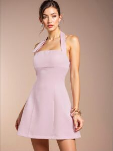 Elegant Pink Halter Fit and Flare Summer Mini Dress for Women - Perfect Business Casual Office Outfit and Stylish Work Attire - Chic, Classy and Trendy Fashion Style to Dress to Impress