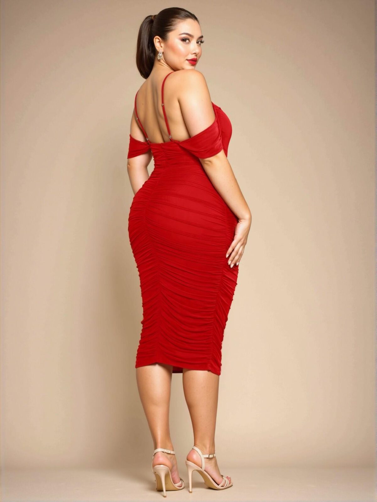 Elegant Red Cold Shoulder Ruched Midi Bodycon Dress for Birthdays Chic, Classy and Trendy Fashion Style to Dress to Impress - Image 2
