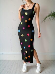 Elegant Black Rainbow Striped Long Top Dress with Side Slits for Summer Casual Wear - Chic, Classy and Trendy Fashion Style to Dress to Impress