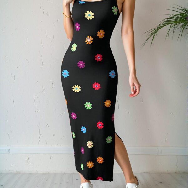 Elegant Black Rainbow Striped Long Top Dress with Side Slits for Summer Casual Wear - Chic, Classy and Trendy Fashion Style to Dress to Impress