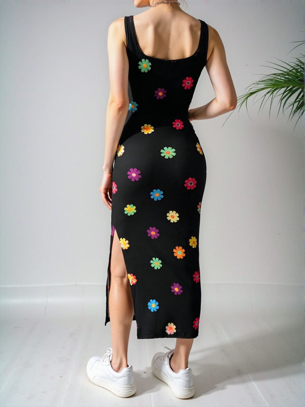 Elegant Black Rainbow Striped Long Top Dress with Side Slits for Summer Casual Wear - Chic, Classy and Trendy Fashion Style to Dress to Impress - Image 2