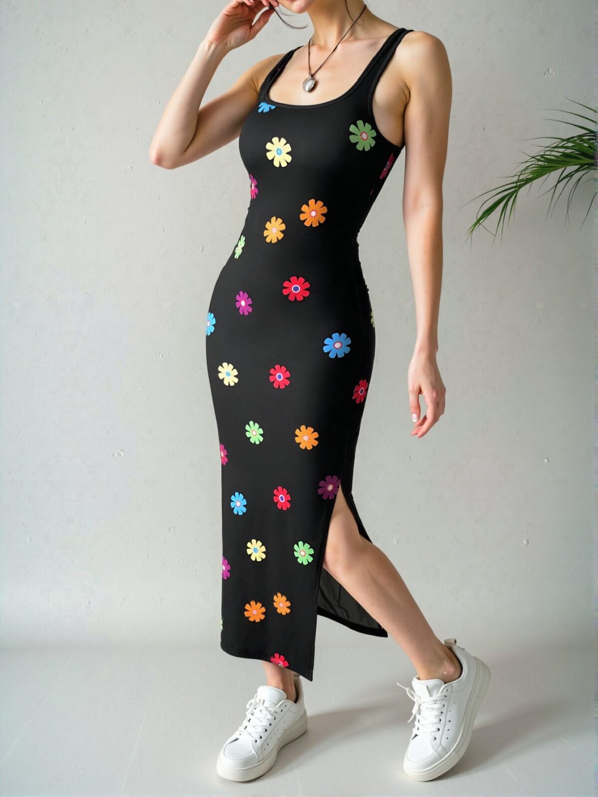 Elegant Black Rainbow Striped Long Top Dress with Side Slits for Summer Casual Wear - Chic, Classy and Trendy Fashion Style to Dress to Impress - Image 3