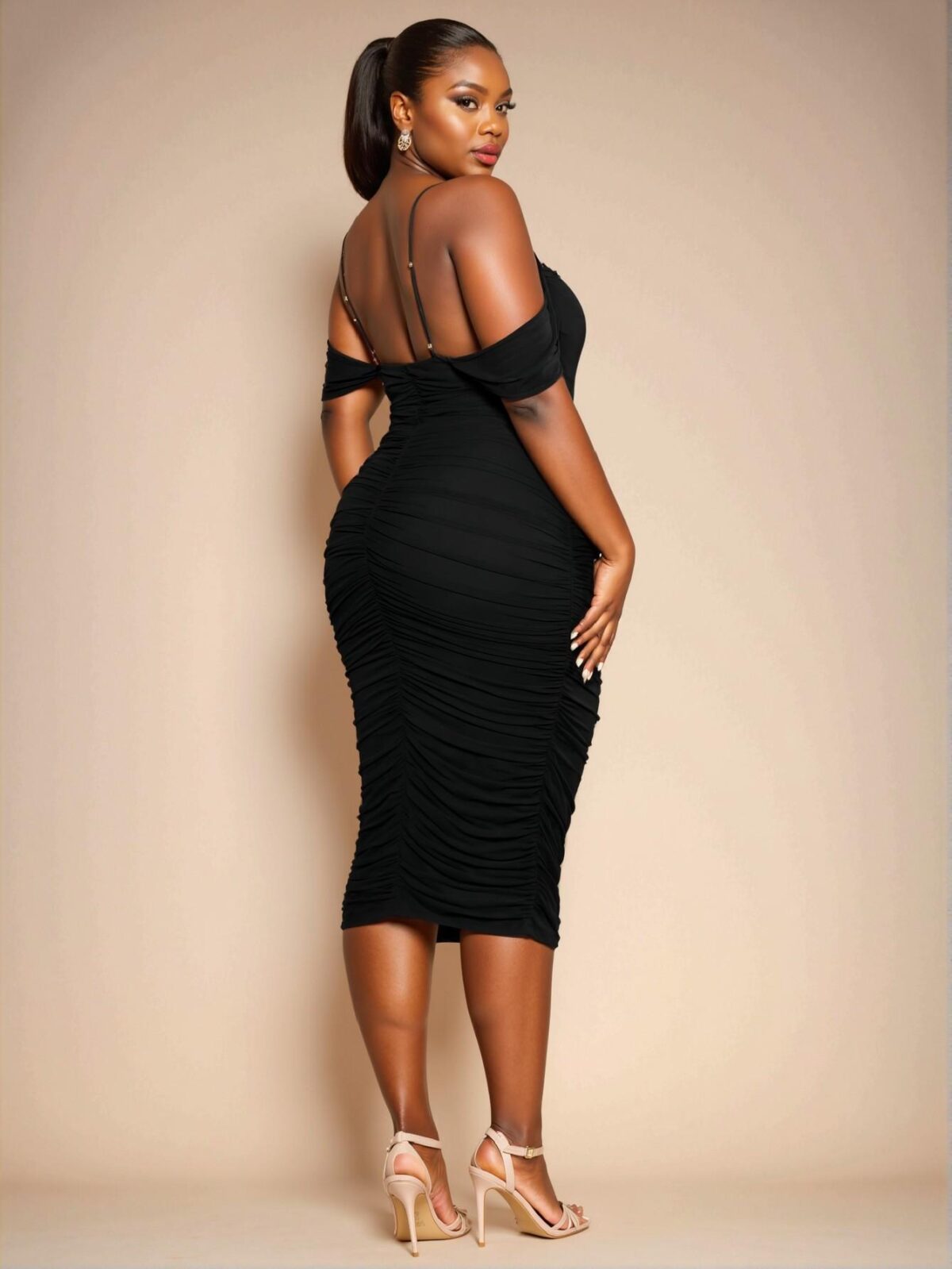 Elegant Black Cold Shoulder Ruched Midi Bodycon Dress for Birthday Celebrations - Chic, Classy and Trendy Fashion Style to Dress to Impress - Image 2