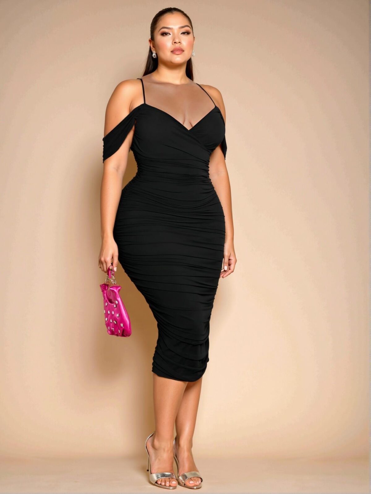 Elegant Black Cold Shoulder Ruched Midi Bodycon Dress for Birthday Celebrations - Chic, Classy and Trendy Fashion Style to Dress to Impress - Image 3