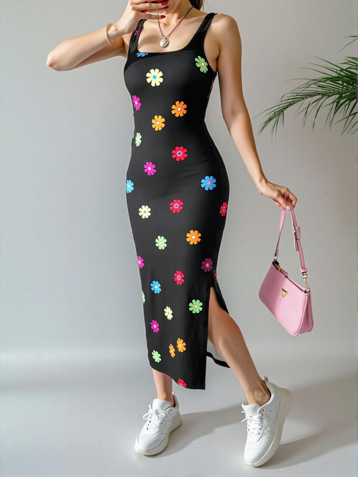 Elegant Black Rainbow Striped Long Top Dress with Side Slits for Summer Casual Wear - Chic, Classy and Trendy Fashion Style to Dress to Impress - Image 5