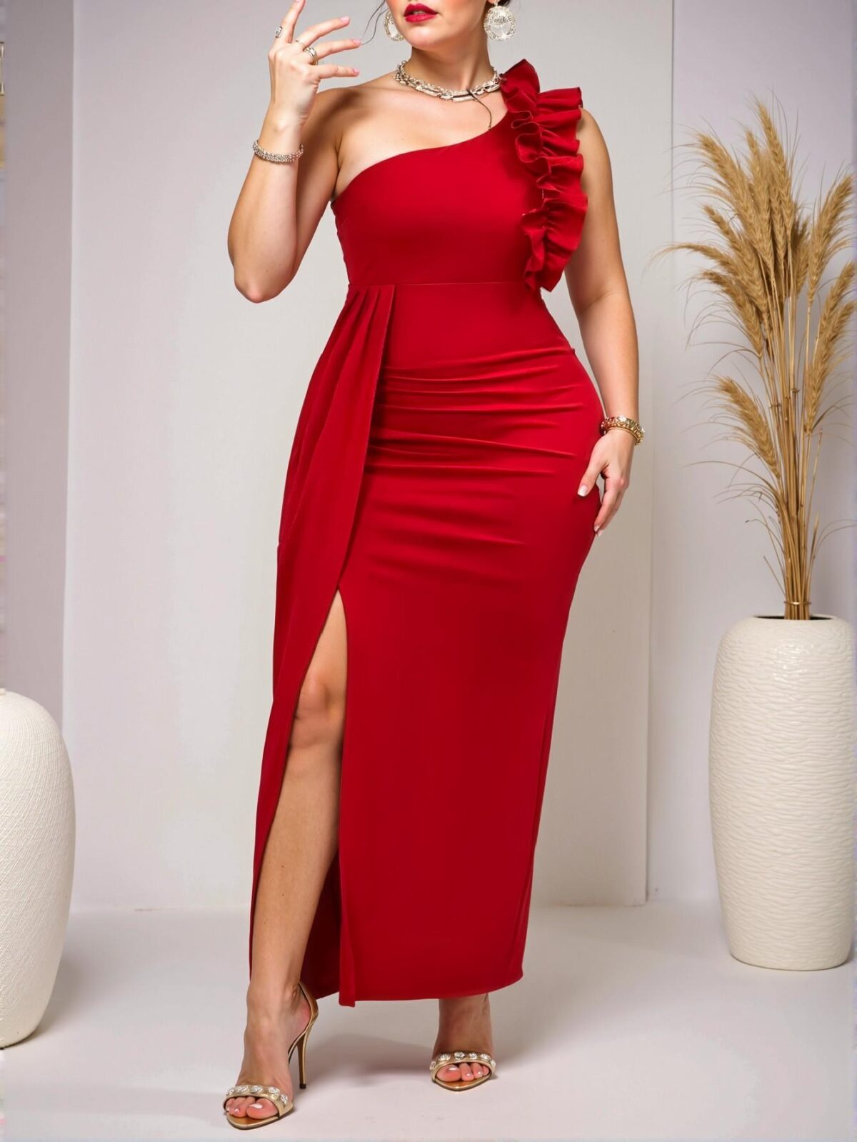 Elegant Red Asymmetrical Shoulder Ruffle Trim Ruched Design Sleeveless Dress for Parties, Dates, and Formal Events - Chic, Classy and Trendy Fashion Style to Dress to Impress