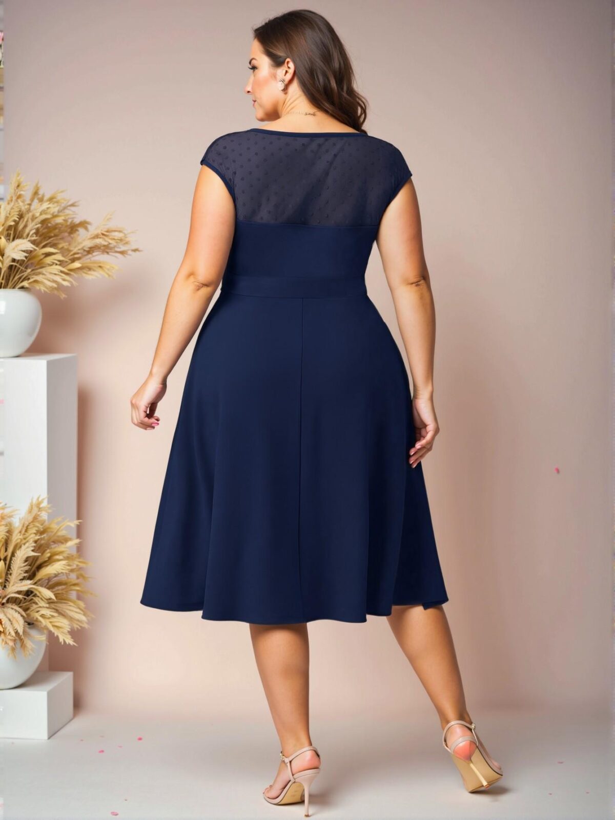 Elegant Navy Blue Flared A-Line Dress with Sweetheart Neckline and Ruched Details – Chic, Classy, and Trendy Fashion Style to Dress to Impress - Image 2