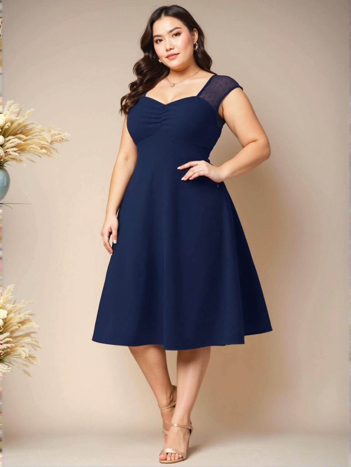Elegant Navy Blue Flared A-Line Dress with Sweetheart Neckline and Ruched Details – Chic, Classy, and Trendy Fashion Style to Dress to Impress - Image 5