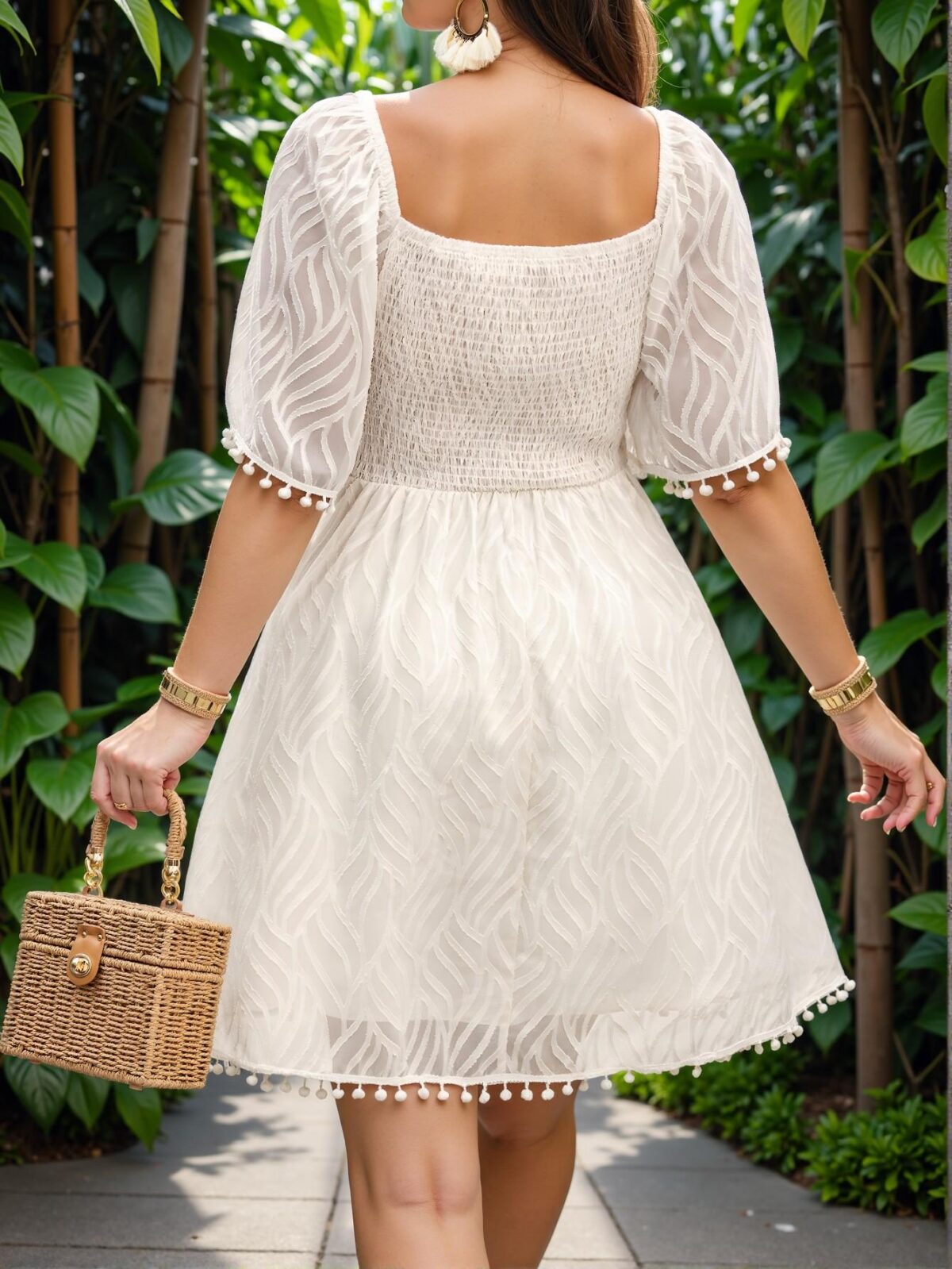 Elegant Apricot Bohemian Casual Summer Dress Featuring Twisted Knot and Pom Pom Accents - Chic, Classy and Trendy Fashion Style to Dress to Impress - Image 2