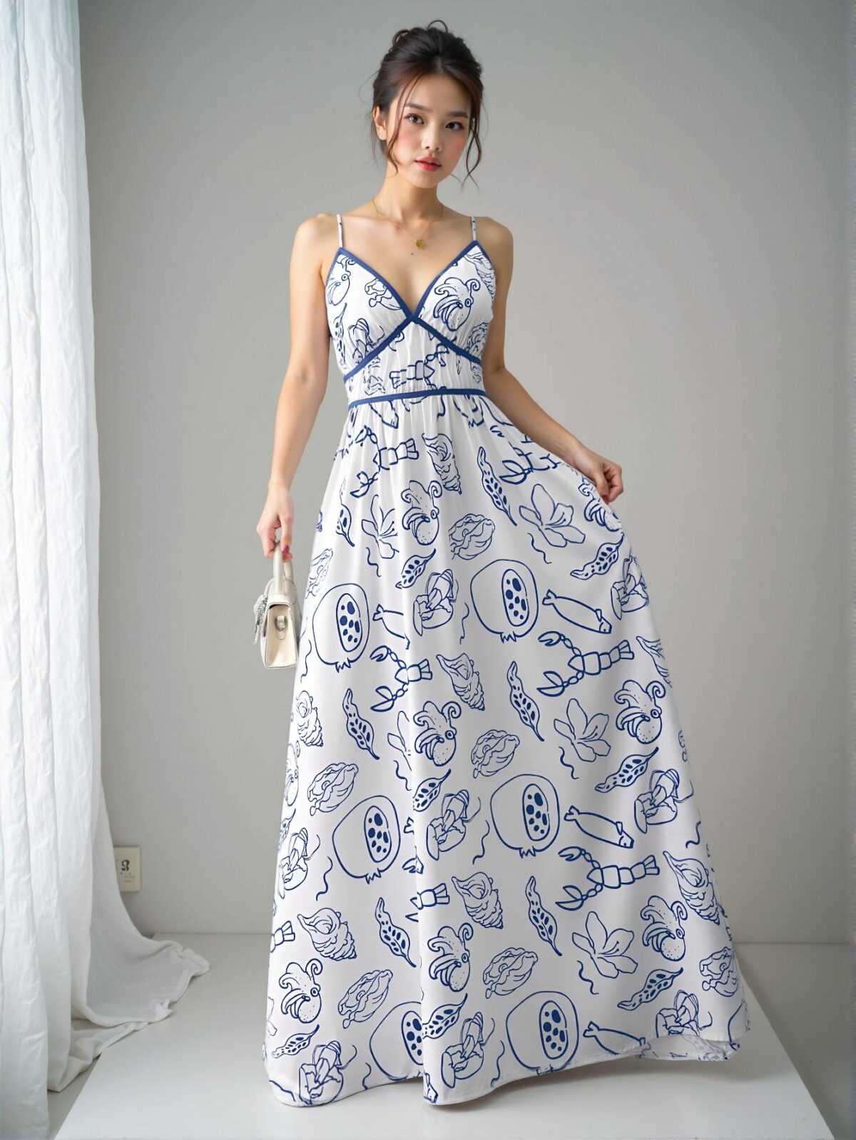 Elegant Blue and White Boho All-Over Print Backless Cami Dress Chic, Classy and Trendy Fashion Style to Dress to Impress