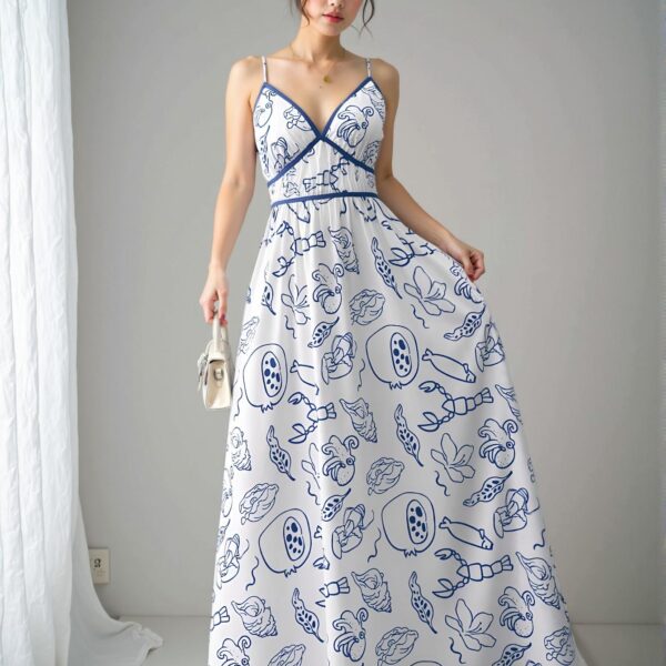 Elegant Blue and White Boho All-Over Print Backless Cami Dress Chic, Classy and Trendy Fashion Style to Dress to Impress