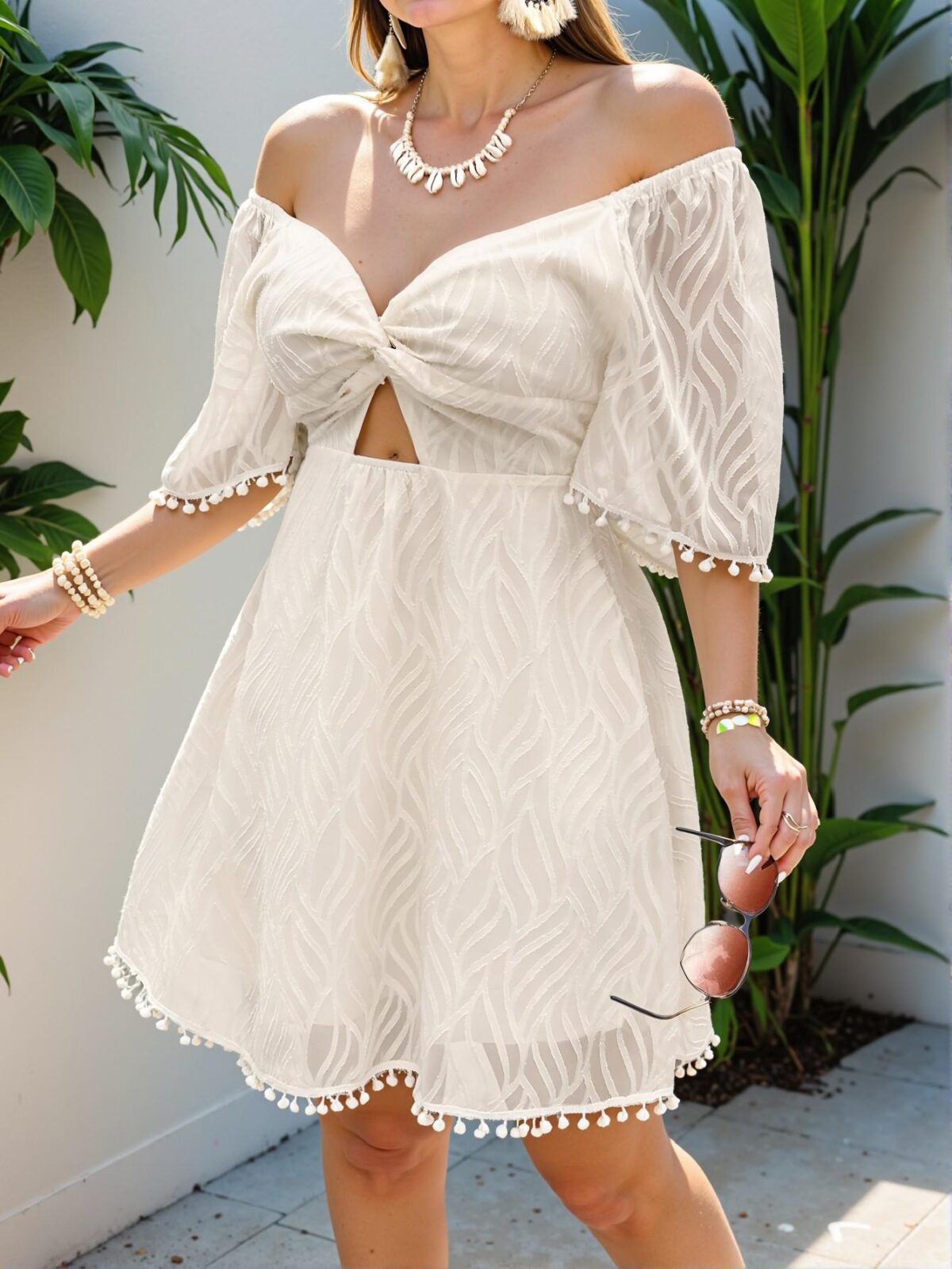 Elegant Apricot Bohemian Casual Summer Dress Featuring Twisted Knot and Pom Pom Accents - Chic, Classy and Trendy Fashion Style to Dress to Impress - Image 5