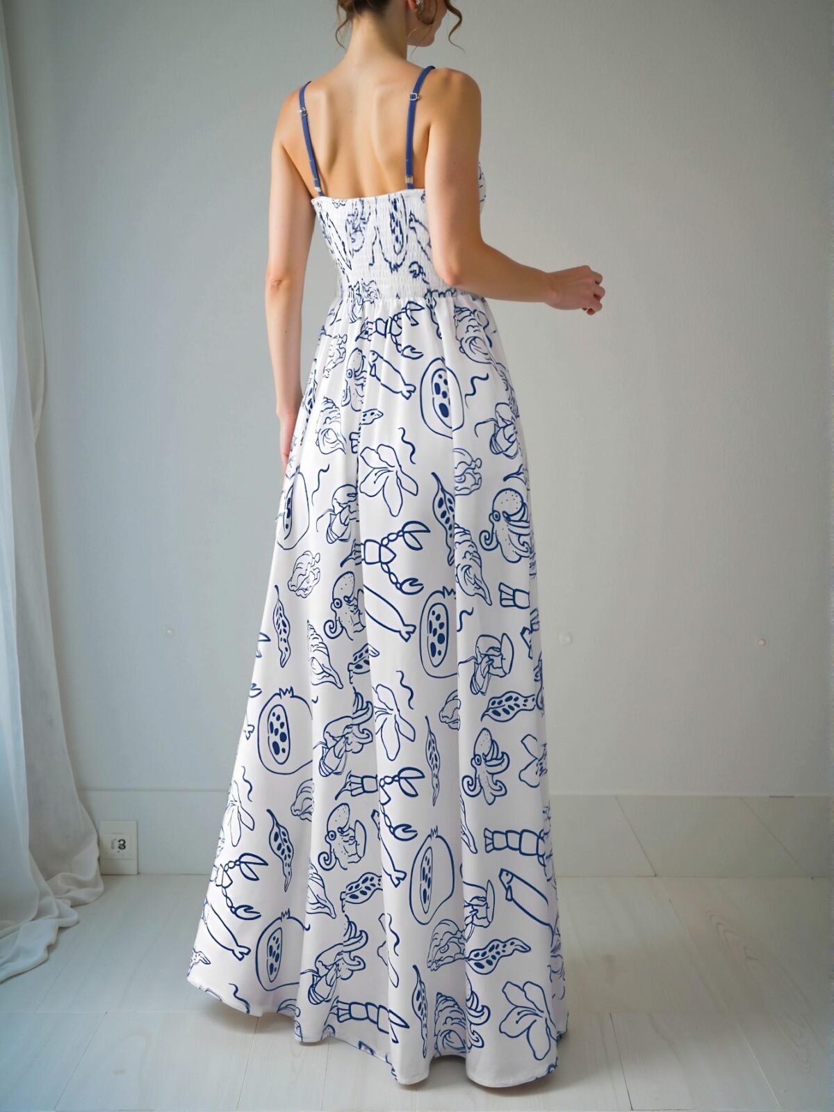 Elegant Blue and White Boho All-Over Print Backless Cami Dress Chic, Classy and Trendy Fashion Style to Dress to Impress - Image 2