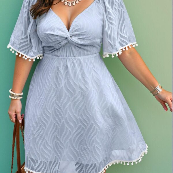 Elegant Baby Blue Fuzzy Trim Ruffle Sleeve Twist Front Mini Dress for a Fun Vacation Look - Chic, Classy and Trendy Fashion Style to Dress to Impress
