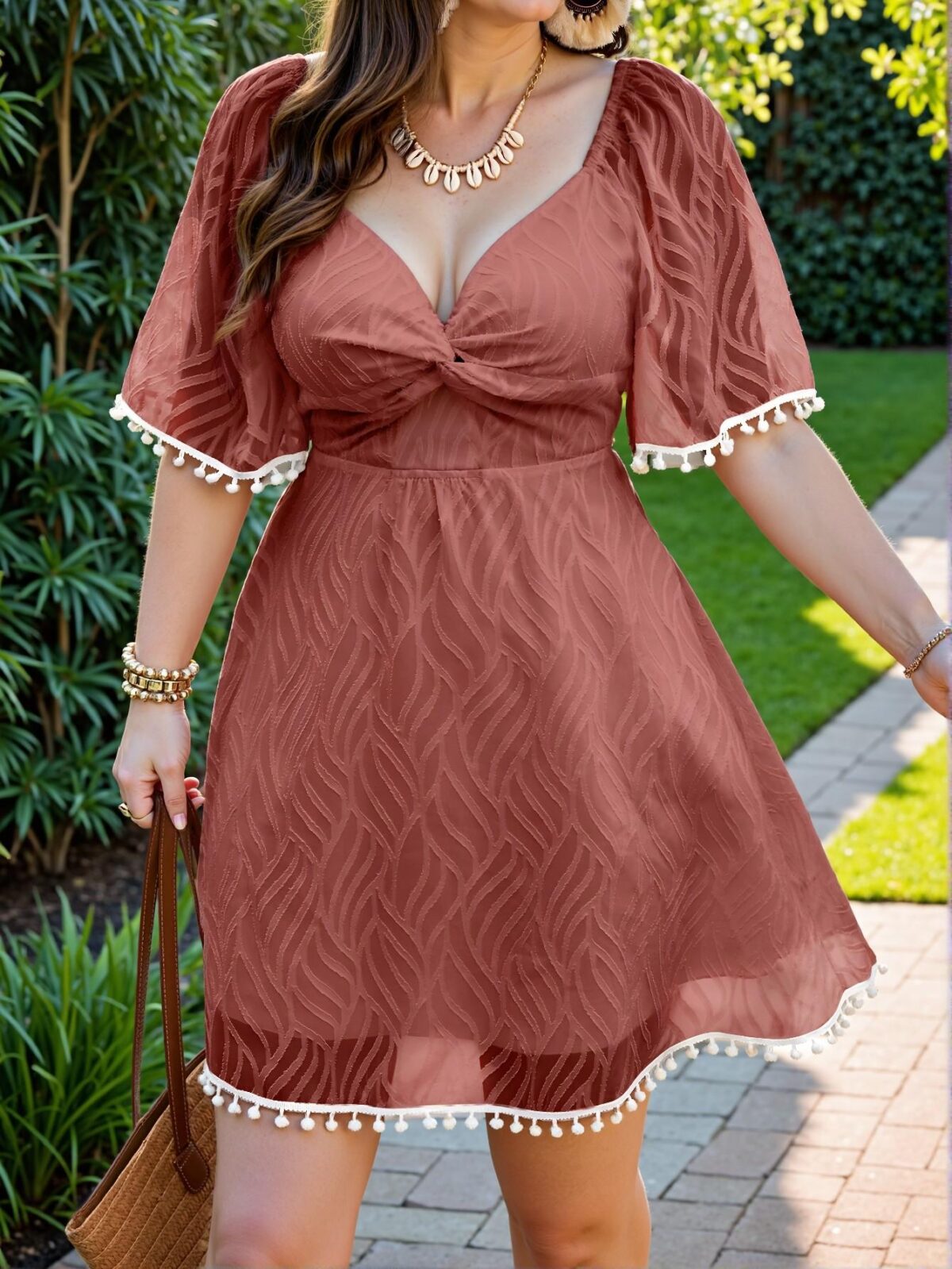 Elegant Redwood Boho Plus Size Cutout Twist Dress with Tassel Accents - Chic, Classy and Trendy Fashion Style to Dress to Impress