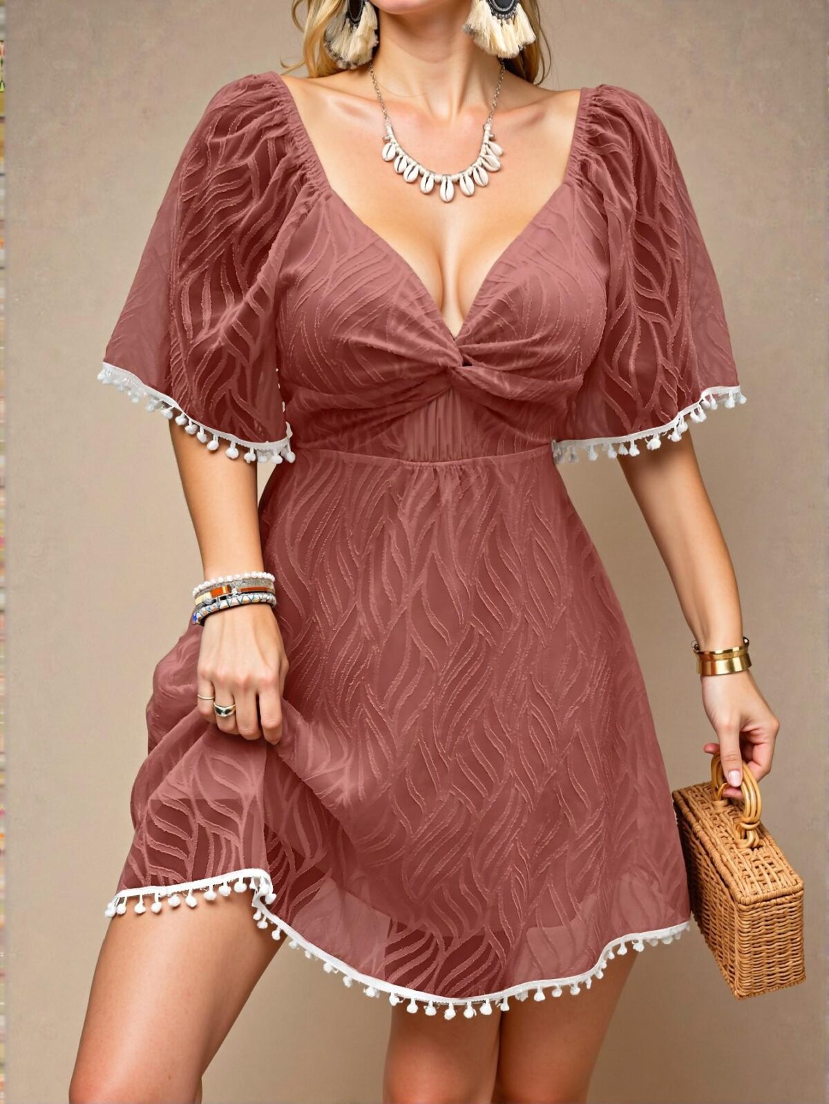 Elegant Redwood Boho Plus Size Cutout Twist Dress with Tassel Accents - Chic, Classy and Trendy Fashion Style to Dress to Impress - Image 3