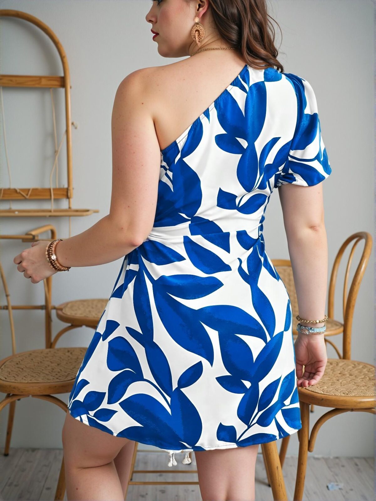 Elegant Blue Stylish Plant-Printed One Shoulder Puff Sleeve Midi Dress for a Festive Occasion - Chic, Classy and Trendy Fashion Style to Dress to Impress - Image 2