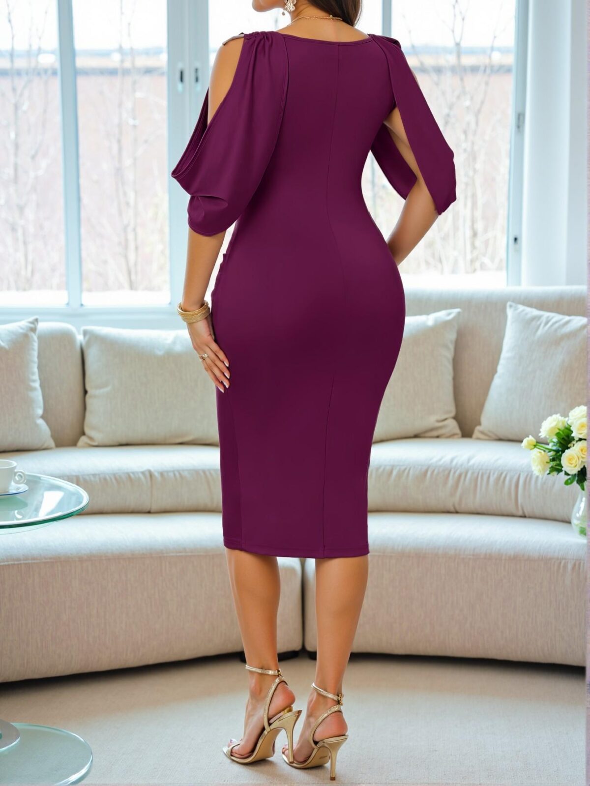 Elegant Purple Bodycon Dress with Contrast Mesh and Split Sleeve Details - Chic, Classy and Trendy Fashion Style to Dress to Impress - Image 2