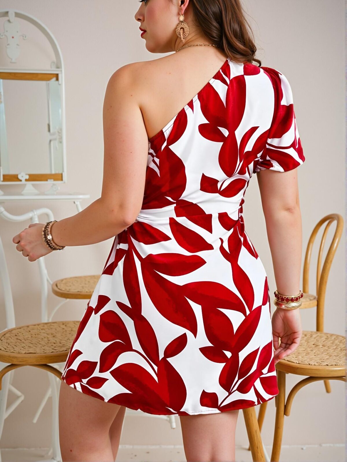 Elegant Red and White Floral Print One-Shoulder Dress with Puff Sleeves for Vacation, Chic, Classy and Trendy Fashion Style to Dress to Impress - Image 2