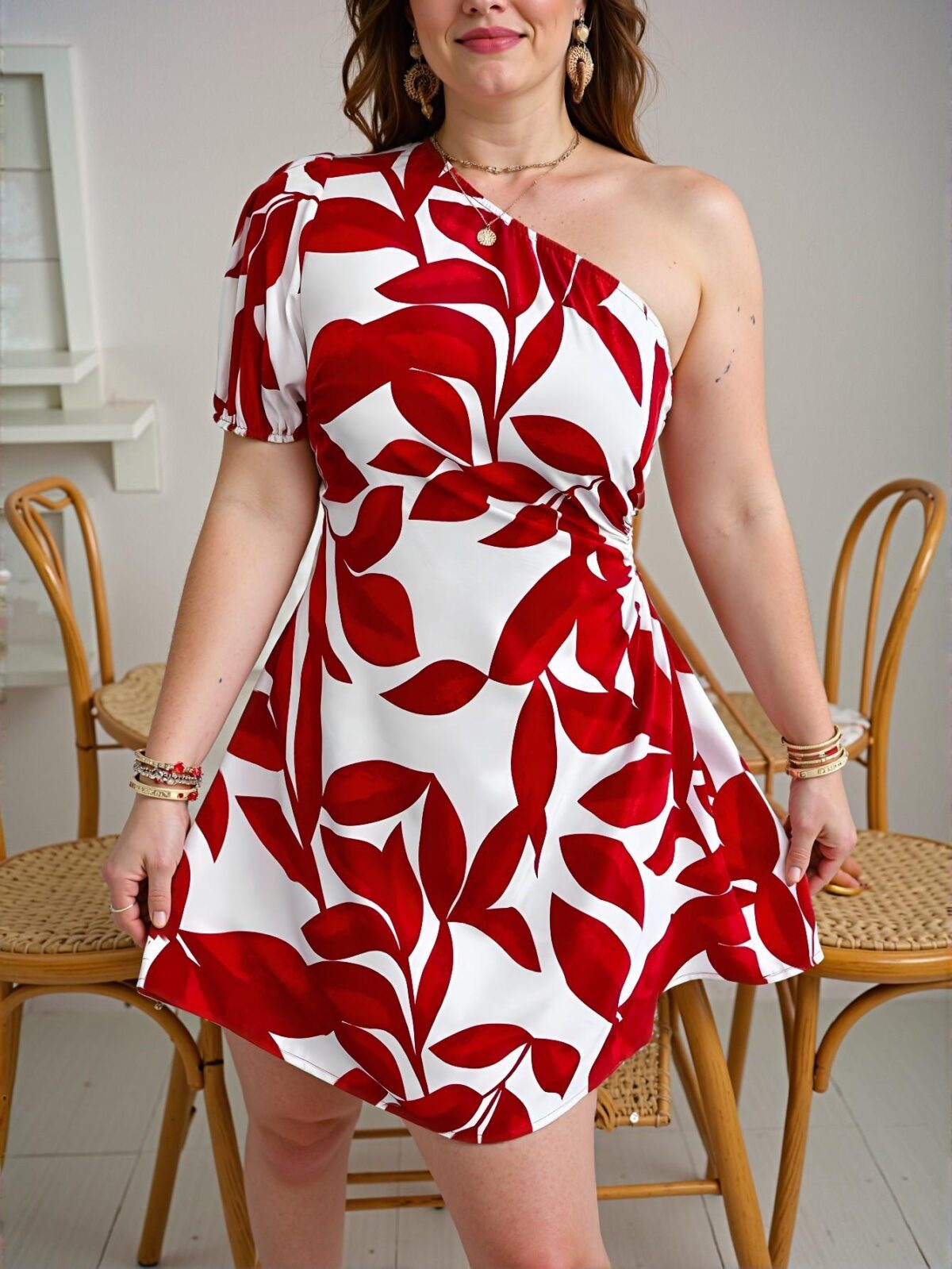 Elegant Red and White Floral Print One-Shoulder Dress with Puff Sleeves for Vacation, Chic, Classy and Trendy Fashion Style to Dress to Impress - Image 5