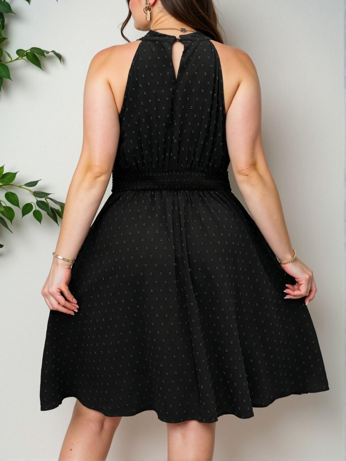 Elegant Black Flared Halter Neck Dress with Swiss Dots - Chic, Classy and Trendy Fashion Style to Dress to Impress - Image 2