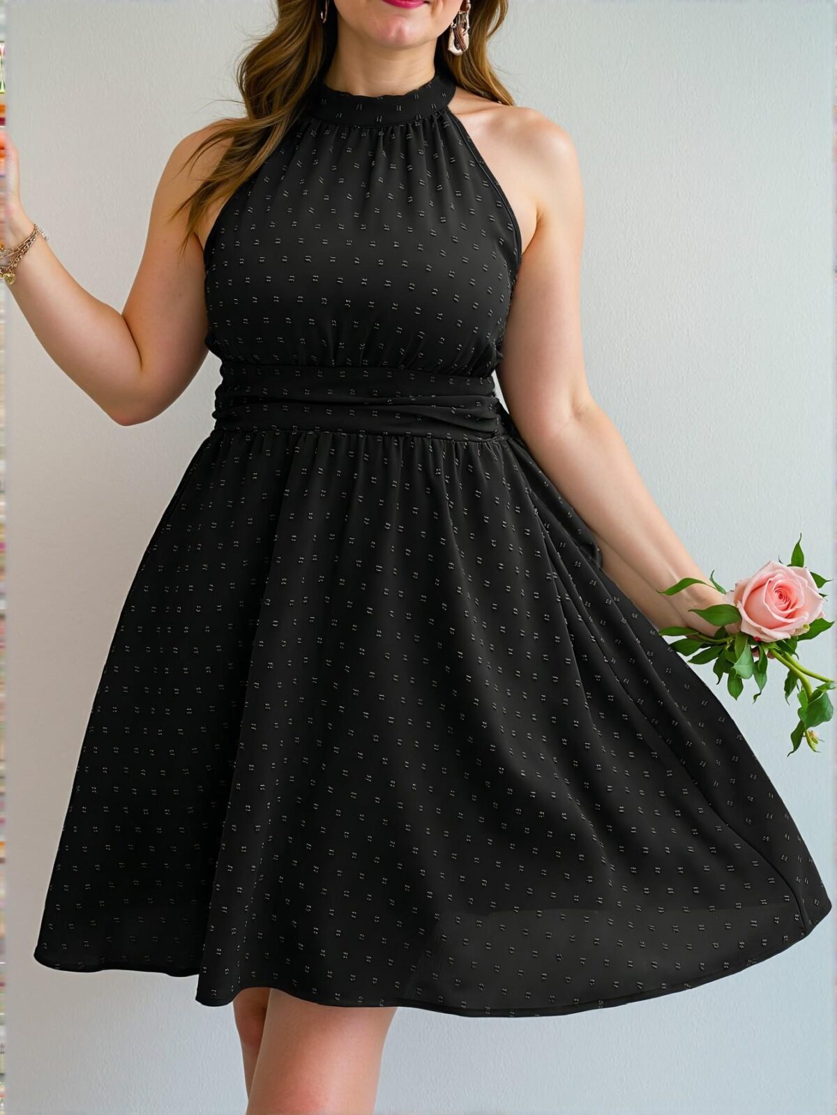 Elegant Black Flared Halter Neck Dress with Swiss Dots - Chic, Classy and Trendy Fashion Style to Dress to Impress - Image 3
