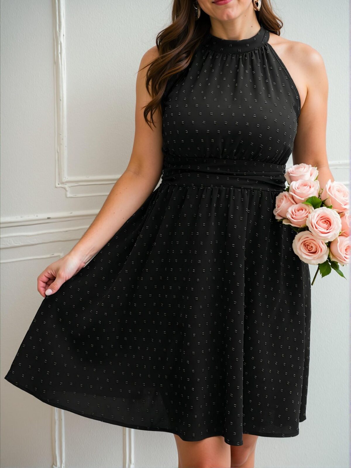 Elegant Black Flared Halter Neck Dress with Swiss Dots - Chic, Classy and Trendy Fashion Style to Dress to Impress - Image 5