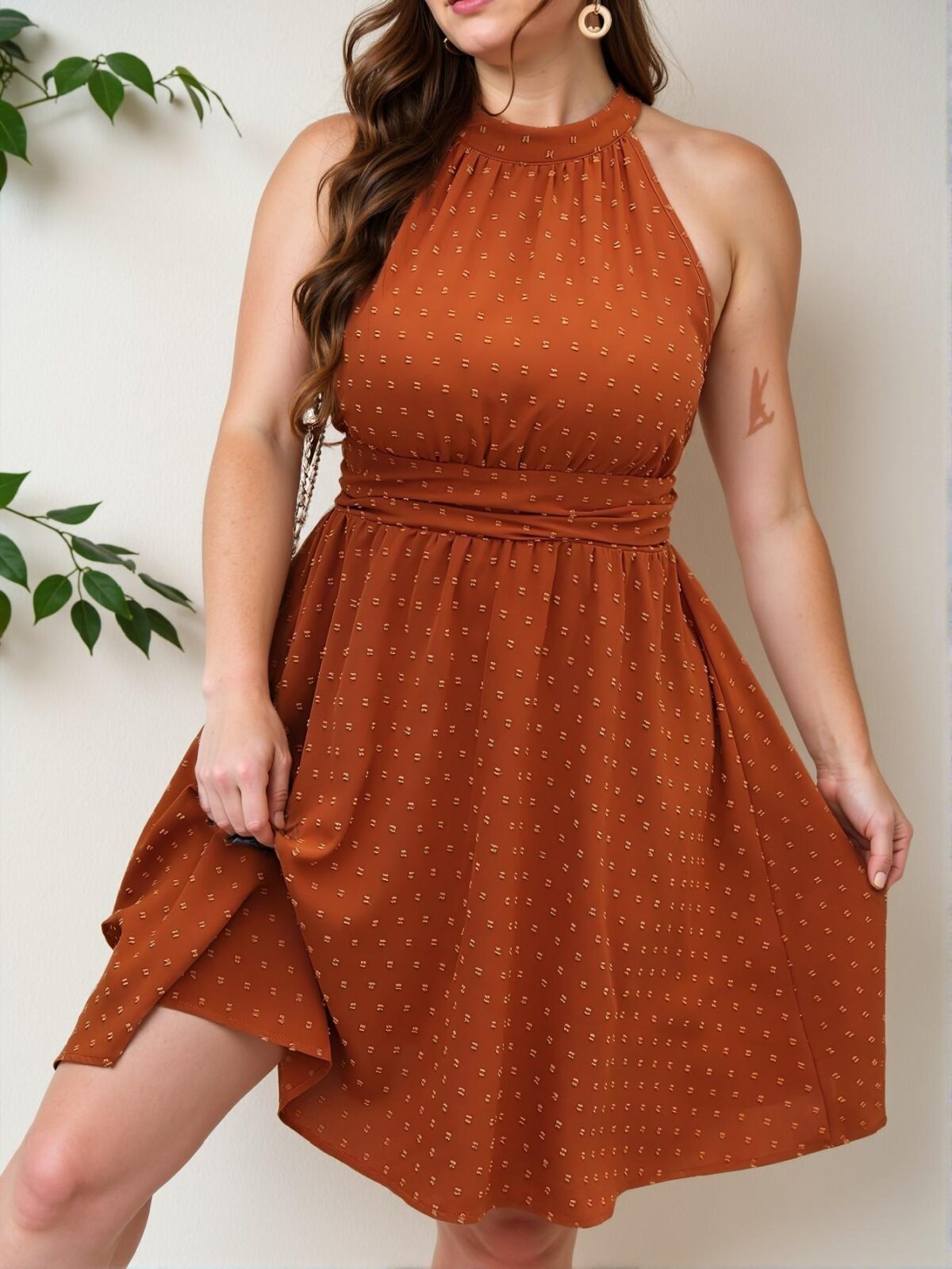 Elegant Brown A-Line Halter Neck Dress with Button and Shirred Details for Chic, Classy and Trendy Fashion Style to Dress to Impress