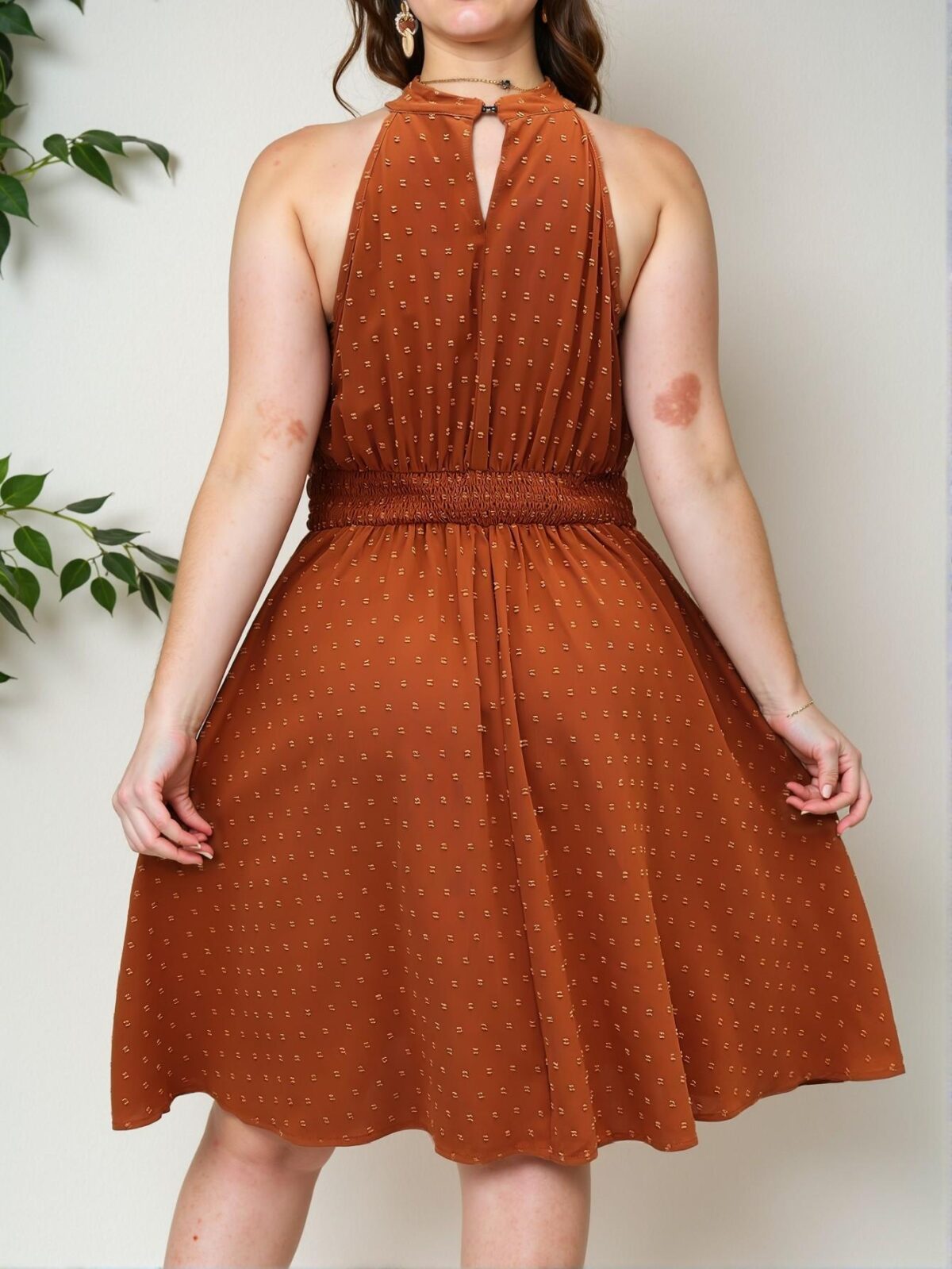 Elegant Brown A-Line Halter Neck Dress with Button and Shirred Details for Chic, Classy and Trendy Fashion Style to Dress to Impress - Image 2
