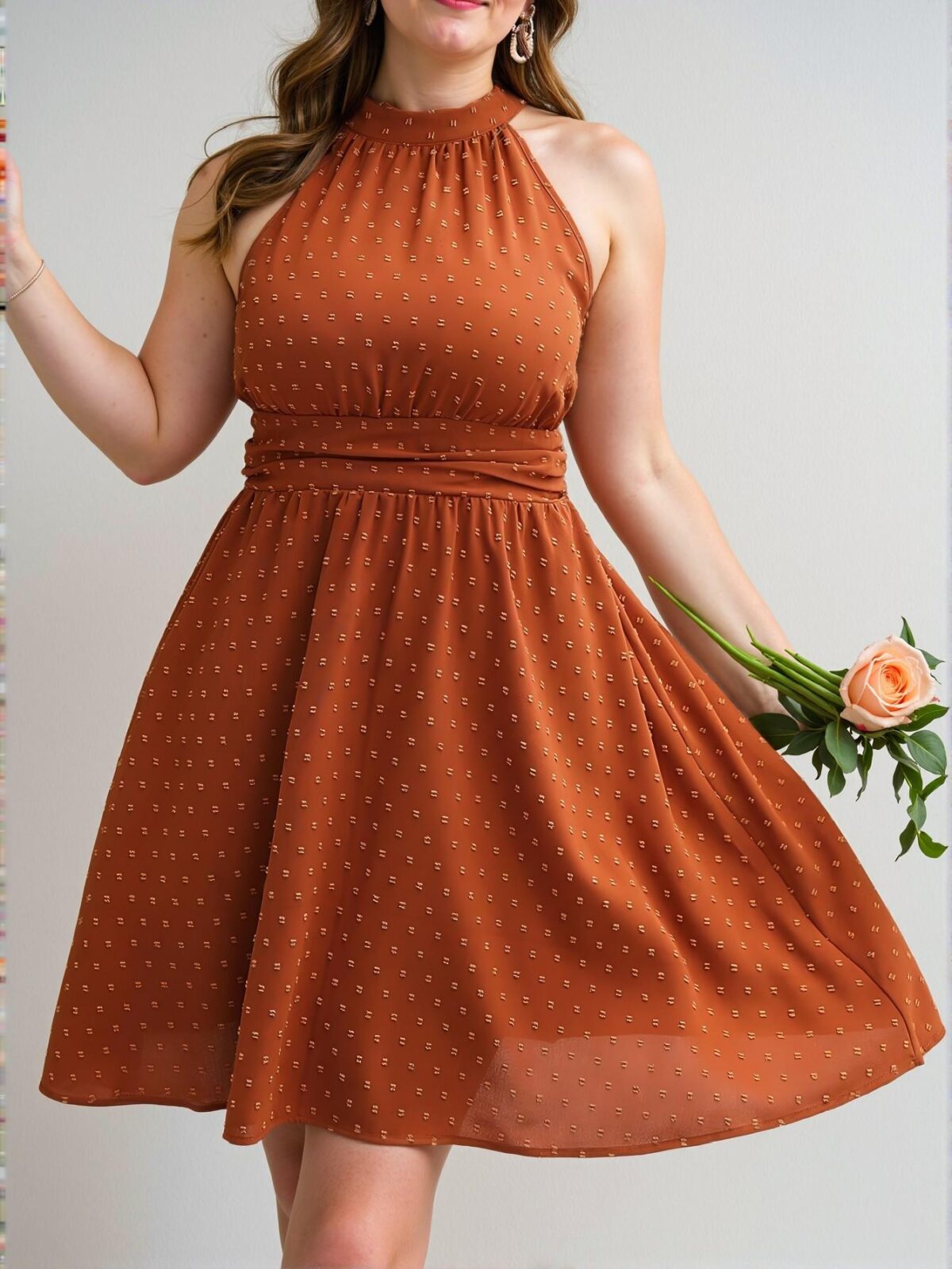 Elegant Brown A-Line Halter Neck Dress with Button and Shirred Details for Chic, Classy and Trendy Fashion Style to Dress to Impress - Image 4