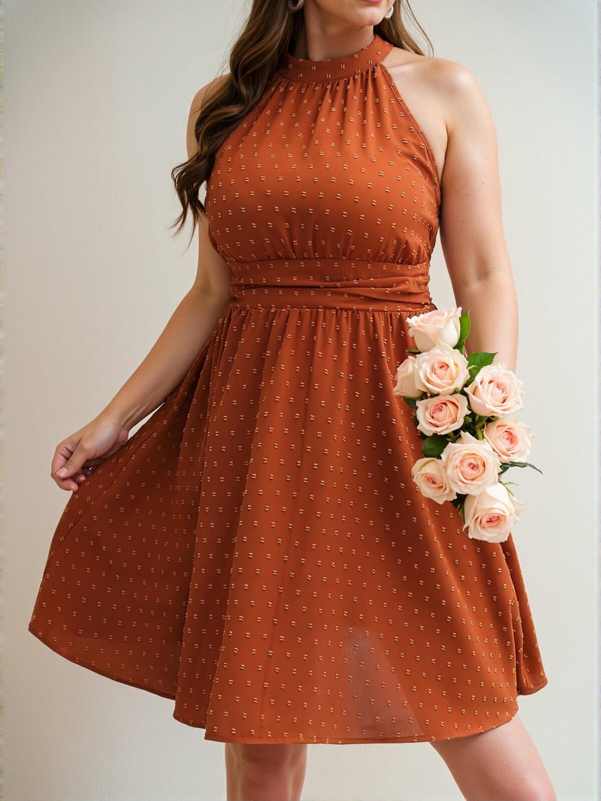 Elegant Brown A-Line Halter Neck Dress with Button and Shirred Details for Chic, Classy and Trendy Fashion Style to Dress to Impress - Image 5