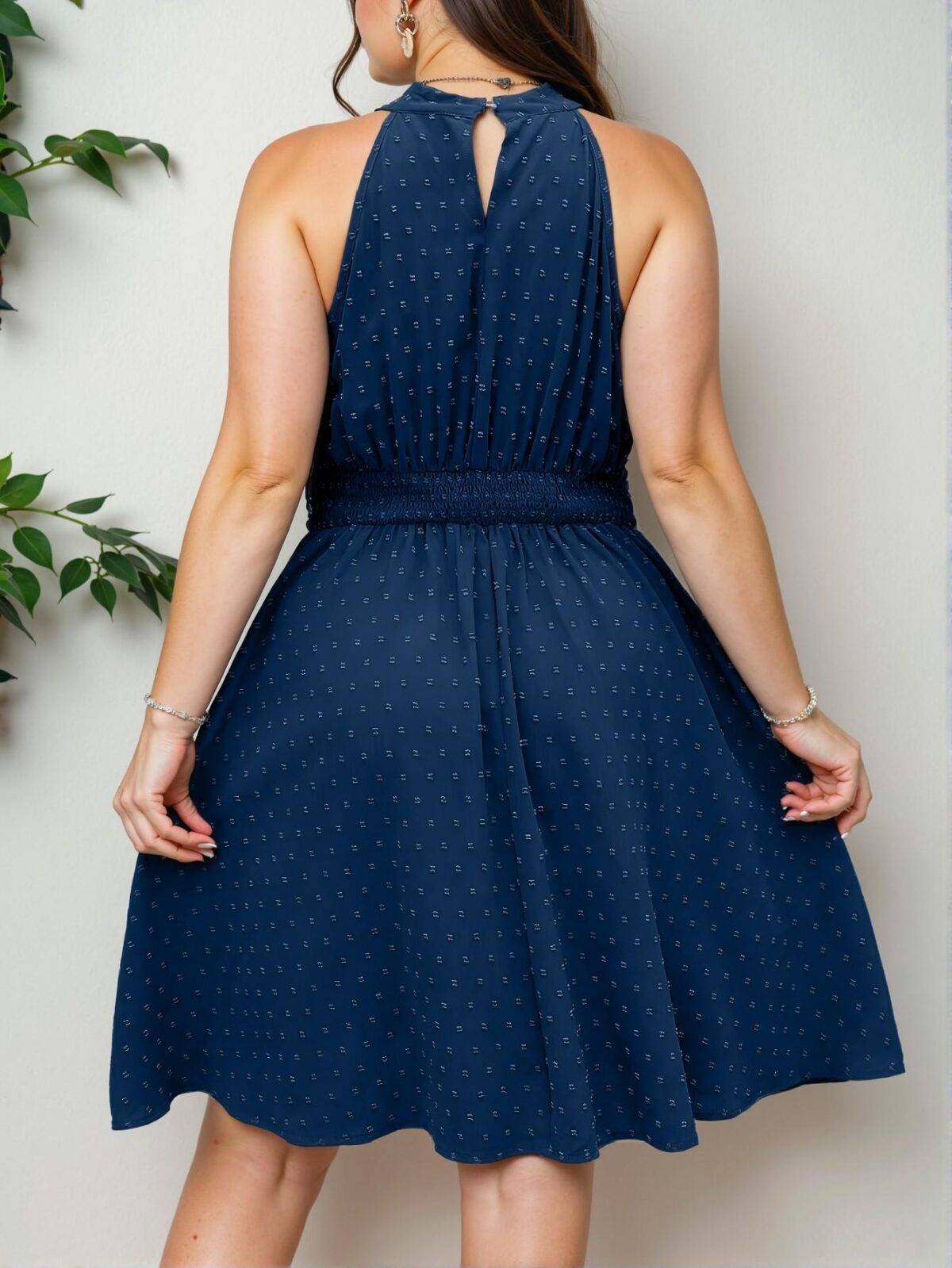 Elegant Royal Blue Flared Halter Neck A-Line Dress with Eyelet Embroidery - Chic, Classy and Trendy Fashion Style to Dress to Impress - Image 2